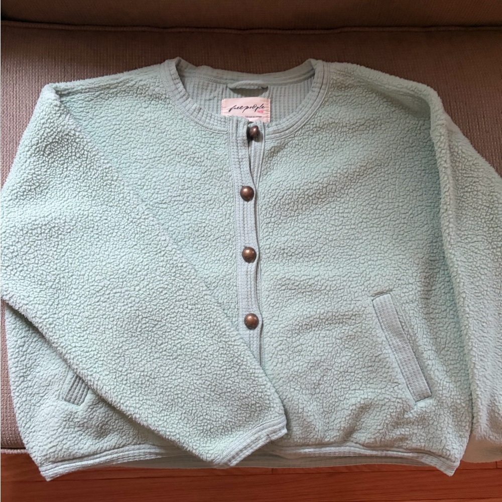 Free People Big Hug Fleece Cardigan: Green Jacket with brass buttons& pockets